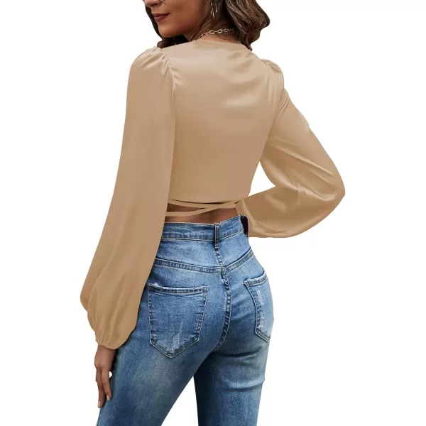 LYANER Women's Satin Wrap V Neck Criss Cross Tie Long Sleeve Crop Blouse Top