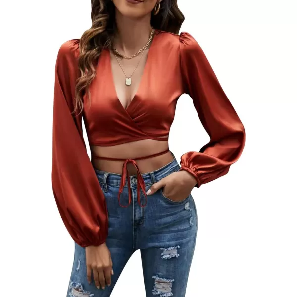 LYANER Women's Satin Wrap V Neck Criss Cross Tie Long Sleeve Crop Blouse Top