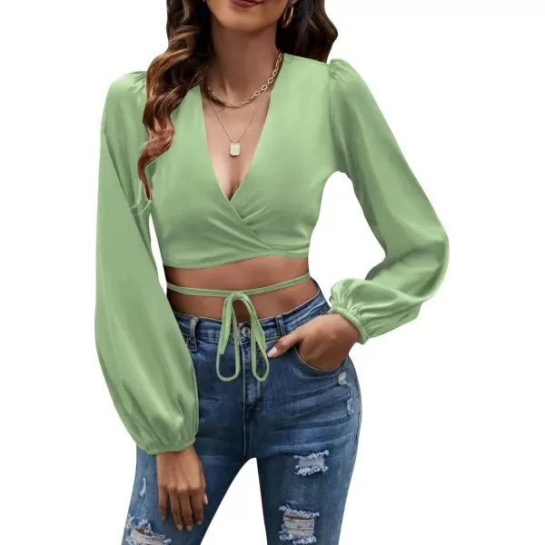 LYANER Women's Satin Wrap V Neck Criss Cross Tie Long Sleeve Crop Blouse Top