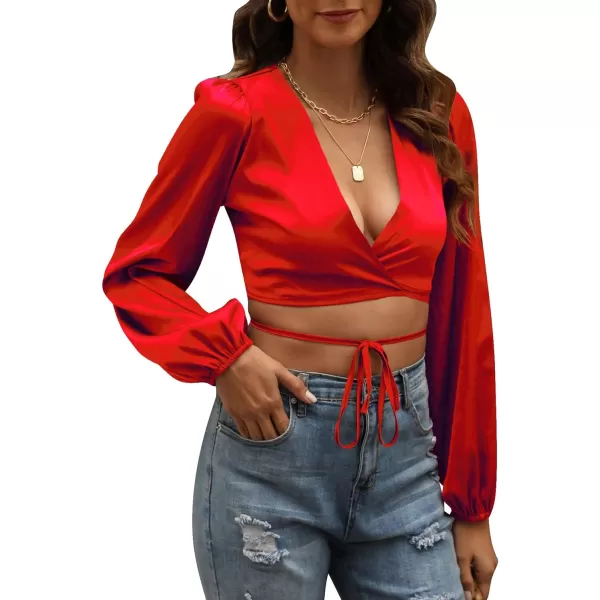 LYANER Women's Satin Wrap V Neck Criss Cross Tie Long Sleeve Crop Blouse Top