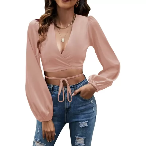 LYANER Women's Satin Wrap V Neck Criss Cross Tie Long Sleeve Crop Blouse Top