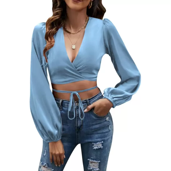 LYANER Women's Satin Wrap V Neck Criss Cross Tie Long Sleeve Crop Blouse Top
