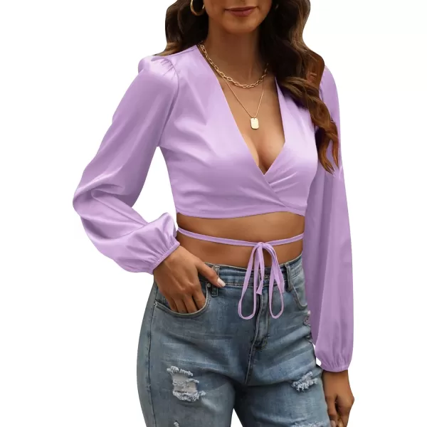 LYANER Women's Satin Wrap V Neck Criss Cross Tie Long Sleeve Crop Blouse Top