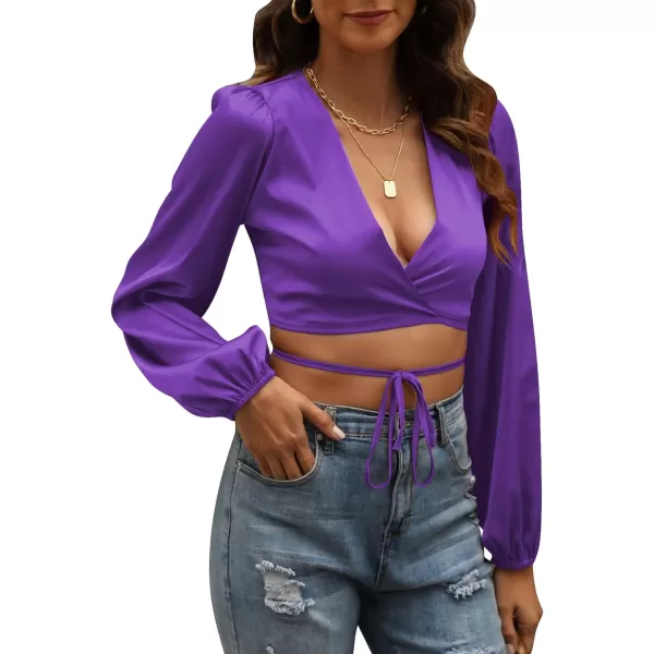 LYANER Women's Satin Wrap V Neck Criss Cross Tie Long Sleeve Crop Blouse Top