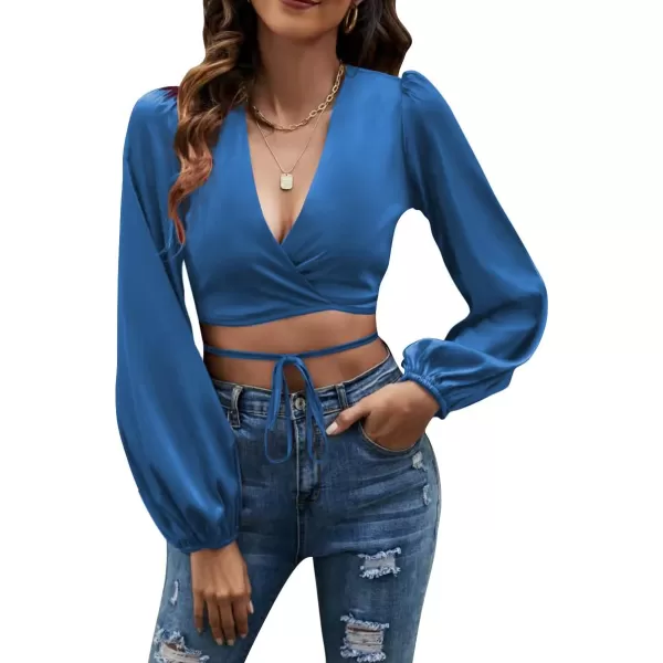 LYANER Women's Satin Wrap V Neck Criss Cross Tie Long Sleeve Crop Blouse Top