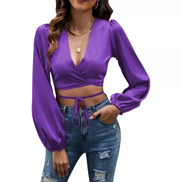 LYANER Women's Satin Wrap V Neck Criss Cross Tie Long Sleeve Crop Blouse Top