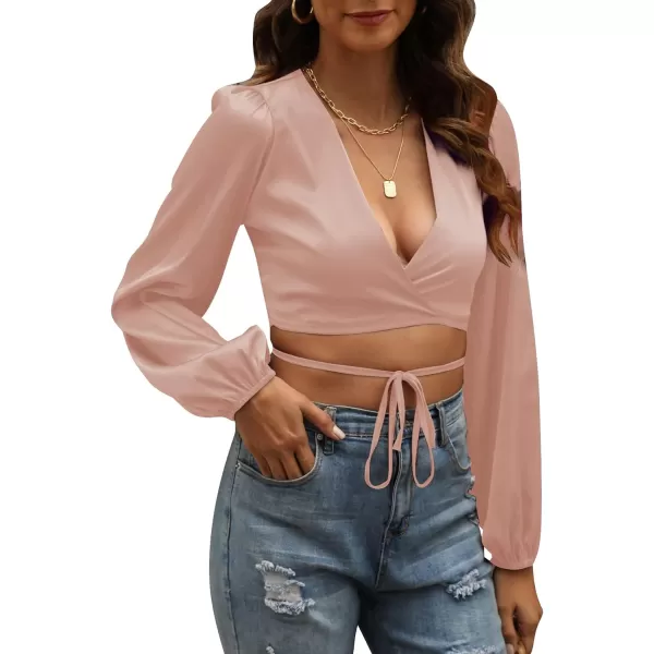 LYANER Women's Satin Wrap V Neck Criss Cross Tie Long Sleeve Crop Blouse Top