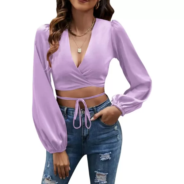 LYANER Women's Satin Wrap V Neck Criss Cross Tie Long Sleeve Crop Blouse Top