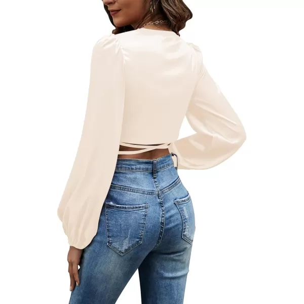 LYANER Women's Satin Wrap V Neck Criss Cross Tie Long Sleeve Crop Blouse Top