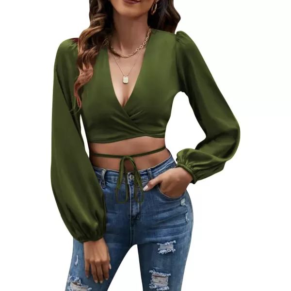 LYANER Women's Satin Wrap V Neck Criss Cross Tie Long Sleeve Crop Blouse Top