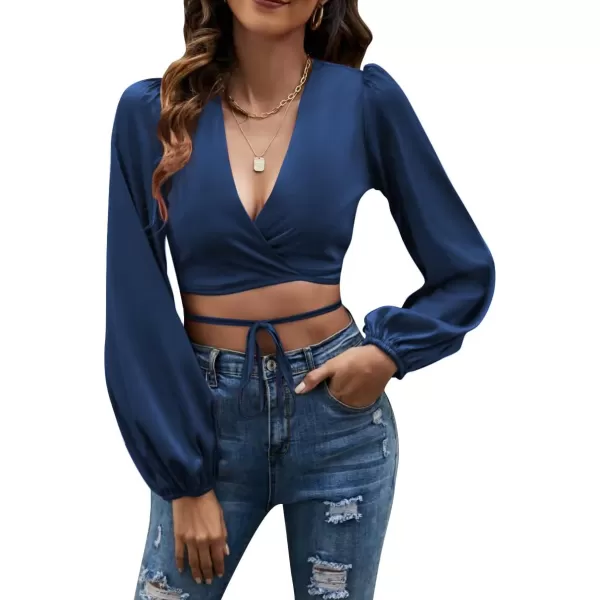 LYANER Women's Satin Wrap V Neck Criss Cross Tie Long Sleeve Crop Blouse Top