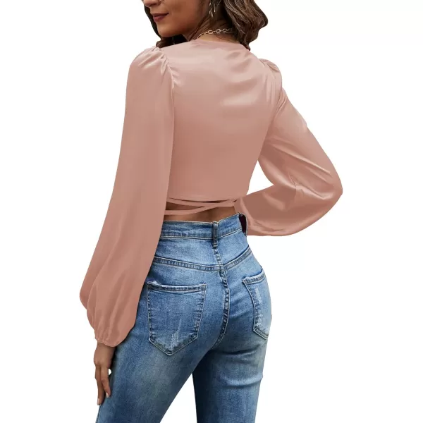LYANER Women's Satin Wrap V Neck Criss Cross Tie Long Sleeve Crop Blouse Top