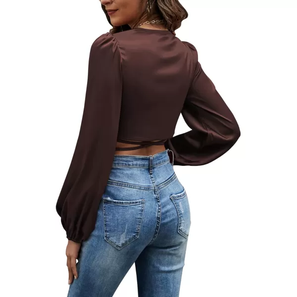 LYANER Women's Satin Wrap V Neck Criss Cross Tie Long Sleeve Crop Blouse Top