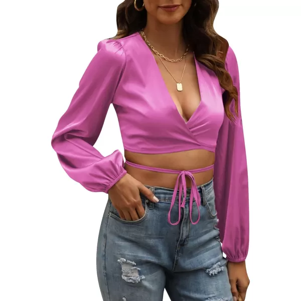LYANER Women's Satin Wrap V Neck Criss Cross Tie Long Sleeve Crop Blouse Top