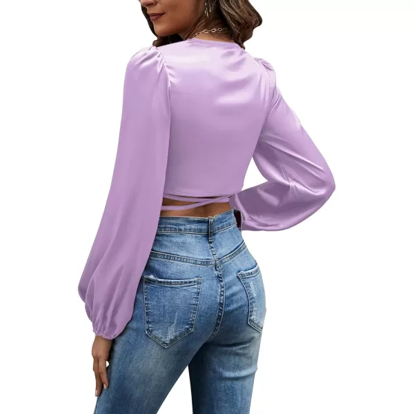 LYANER Women's Satin Wrap V Neck Criss Cross Tie Long Sleeve Crop Blouse Top