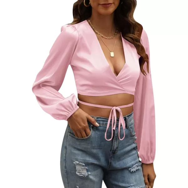 LYANER Women's Satin Wrap V Neck Criss Cross Tie Long Sleeve Crop Blouse Top