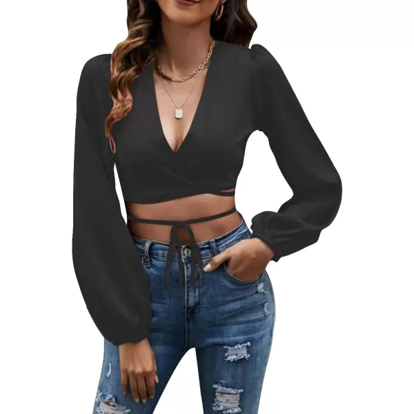 LYANER Women's Satin Wrap V Neck Criss Cross Tie Long Sleeve Crop Blouse Top
