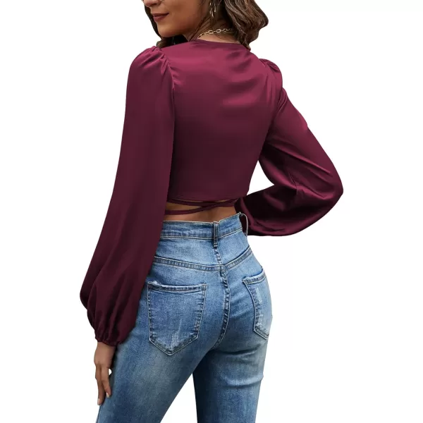 LYANER Women's Satin Wrap V Neck Criss Cross Tie Long Sleeve Crop Blouse Top