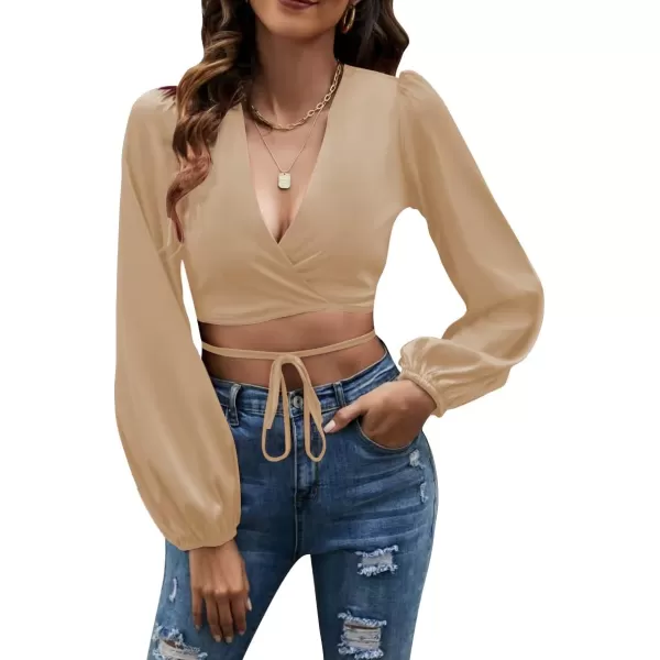 LYANER Women's Satin Wrap V Neck Criss Cross Tie Long Sleeve Crop Blouse Top