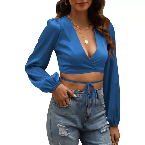 LYANER Women's Satin Wrap V Neck Criss Cross Tie Long Sleeve Crop Blouse Top