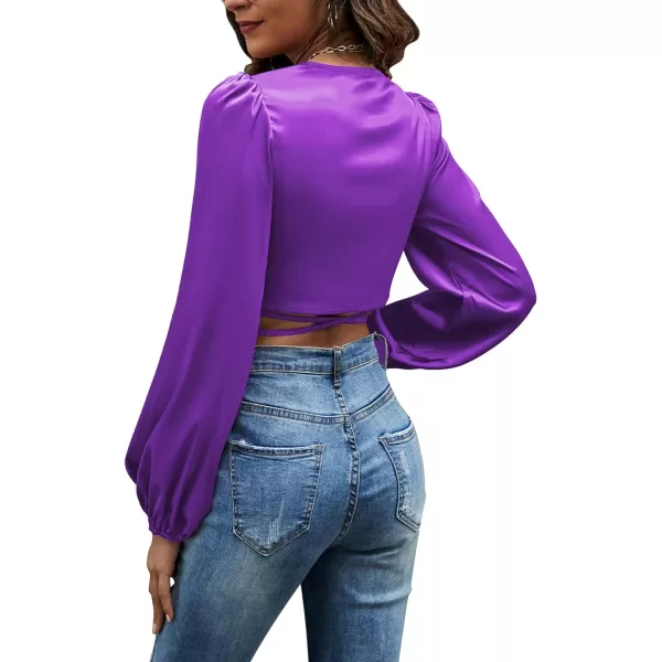LYANER Women's Satin Wrap V Neck Criss Cross Tie Long Sleeve Crop Blouse Top