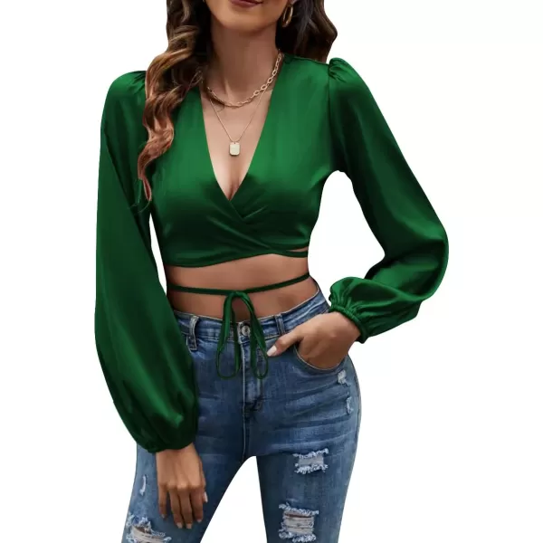 LYANER Women's Satin Wrap V Neck Criss Cross Tie Long Sleeve Crop Blouse Top