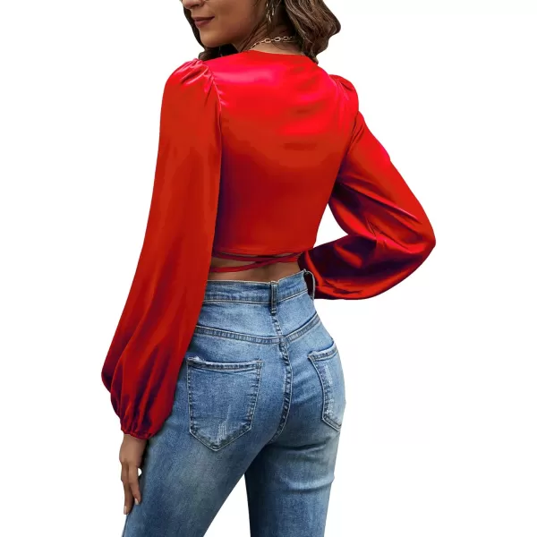 LYANER Women's Satin Wrap V Neck Criss Cross Tie Long Sleeve Crop Blouse Top