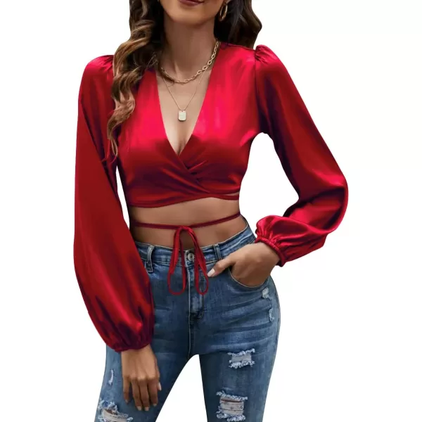 LYANER Women's Satin Wrap V Neck Criss Cross Tie Long Sleeve Crop Blouse Top