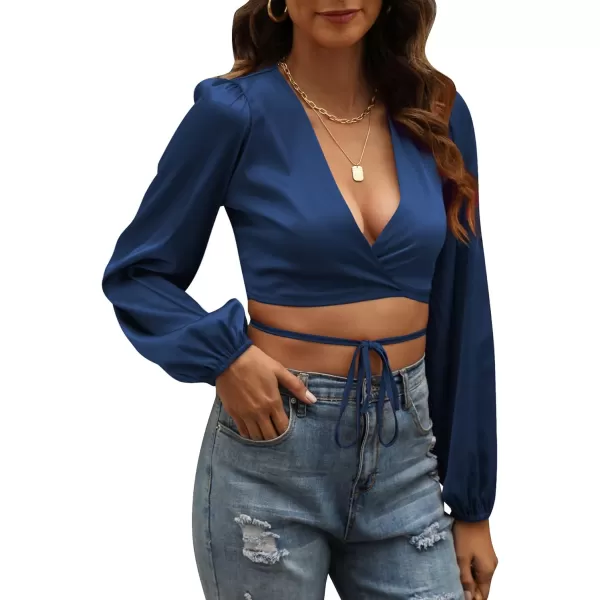 LYANER Women's Satin Wrap V Neck Criss Cross Tie Long Sleeve Crop Blouse Top
