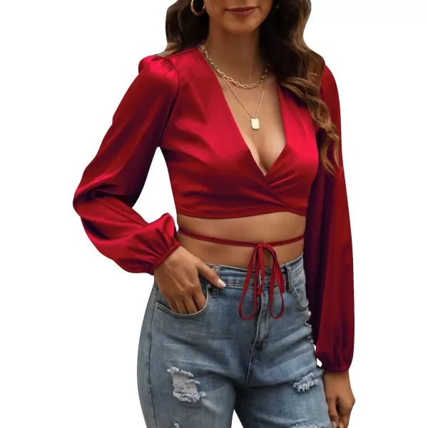LYANER Women's Satin Wrap V Neck Criss Cross Tie Long Sleeve Crop Blouse Top