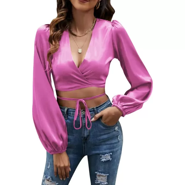 LYANER Women's Satin Wrap V Neck Criss Cross Tie Long Sleeve Crop Blouse Top