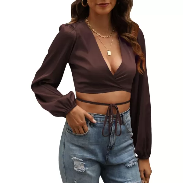 LYANER Women's Satin Wrap V Neck Criss Cross Tie Long Sleeve Crop Blouse Top
