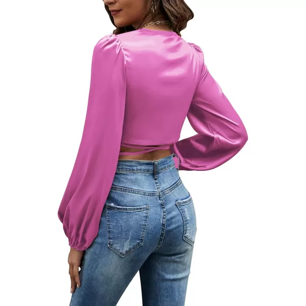 LYANER Women's Satin Wrap V Neck Criss Cross Tie Long Sleeve Crop Blouse Top