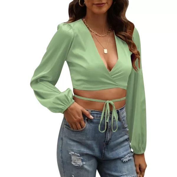 LYANER Women's Satin Wrap V Neck Criss Cross Tie Long Sleeve Crop Blouse Top