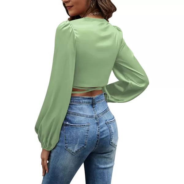LYANER Women's Satin Wrap V Neck Criss Cross Tie Long Sleeve Crop Blouse Top