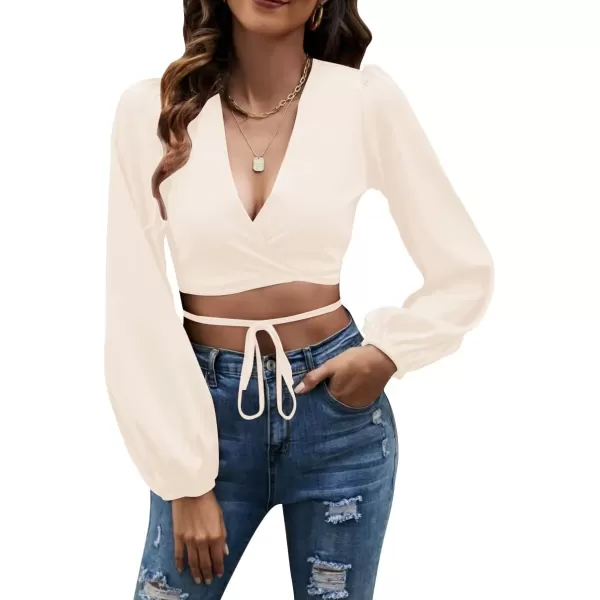 LYANER Women's Satin Wrap V Neck Criss Cross Tie Long Sleeve Crop Blouse Top