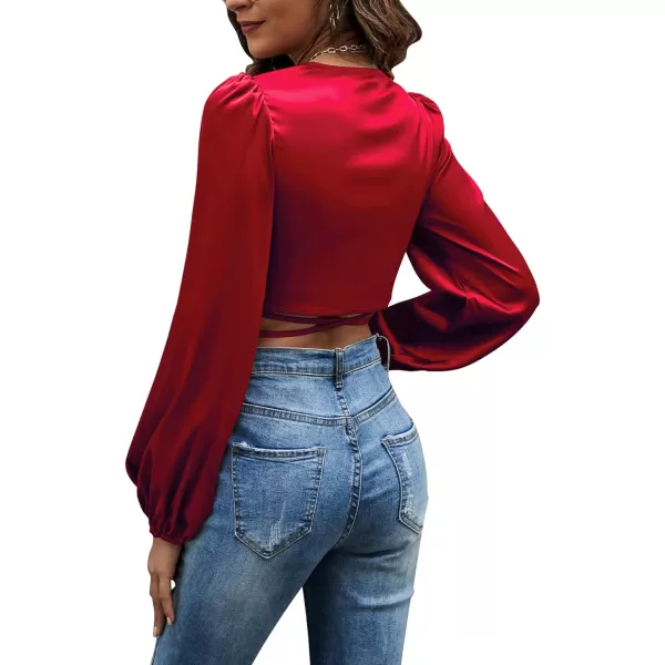 LYANER Women's Satin Wrap V Neck Criss Cross Tie Long Sleeve Crop Blouse Top