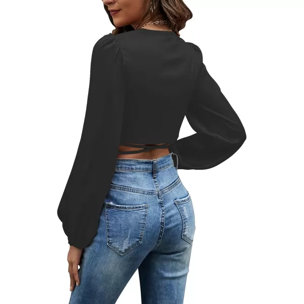 LYANER Women's Satin Wrap V Neck Criss Cross Tie Long Sleeve Crop Blouse Top