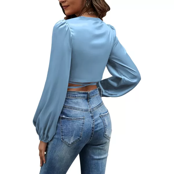 LYANER Women's Satin Wrap V Neck Criss Cross Tie Long Sleeve Crop Blouse Top