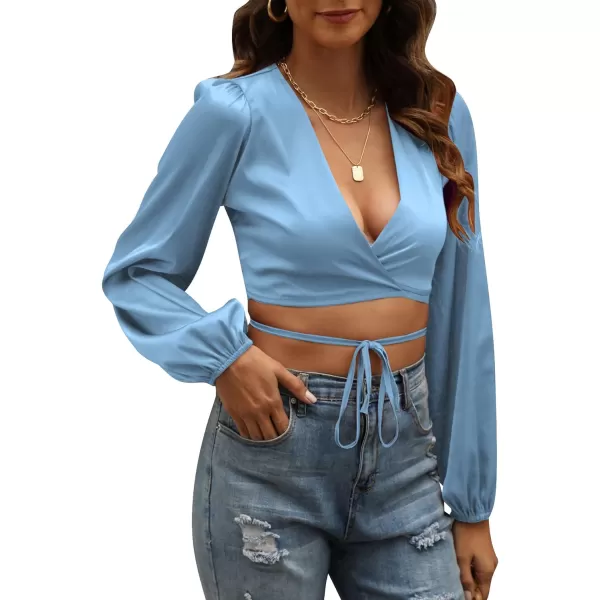 LYANER Women's Satin Wrap V Neck Criss Cross Tie Long Sleeve Crop Blouse Top