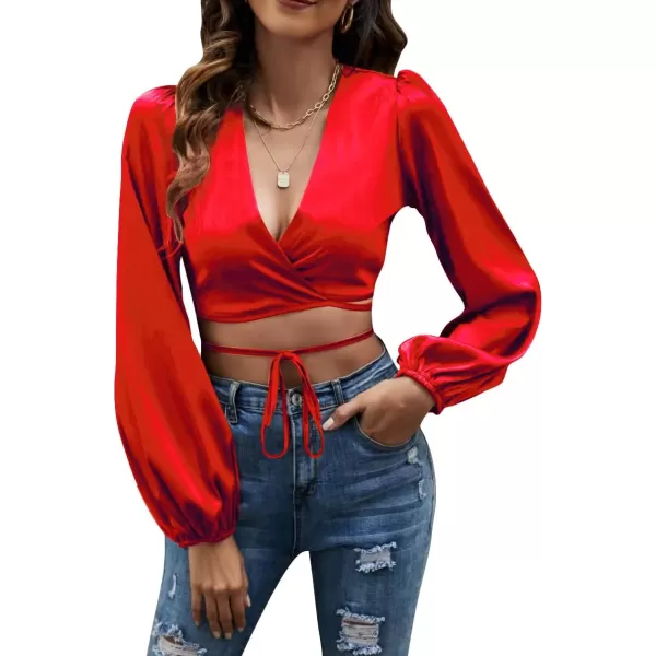LYANER Women's Satin Wrap V Neck Criss Cross Tie Long Sleeve Crop Blouse Top