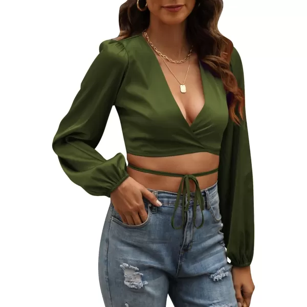 LYANER Women's Satin Wrap V Neck Criss Cross Tie Long Sleeve Crop Blouse Top