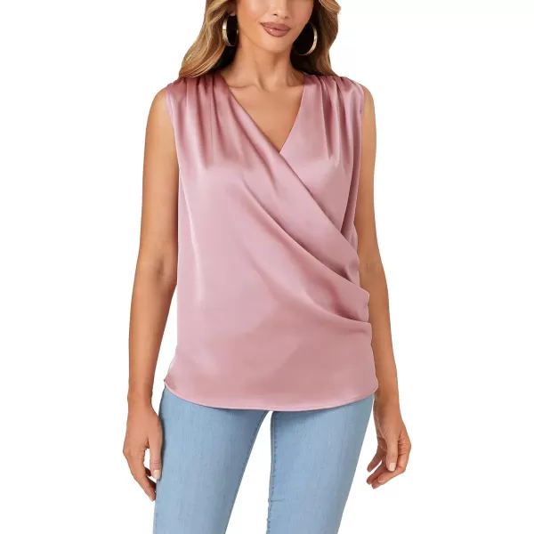 LYANER Women's Satin Wrap V Neck Ruched Sleeveless Tank Blouse Top
