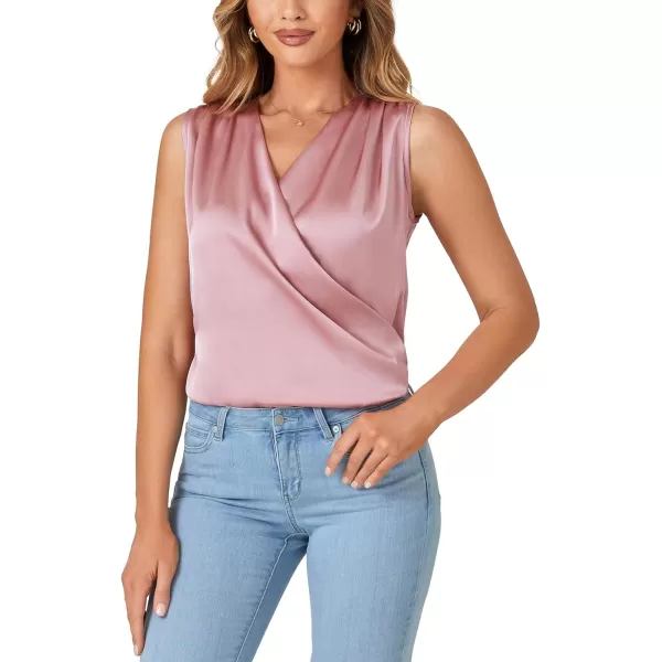 LYANER Women's Satin Wrap V Neck Ruched Sleeveless Tank Blouse Top
