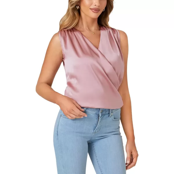 LYANER Women's Satin Wrap V Neck Ruched Sleeveless Tank Blouse Top