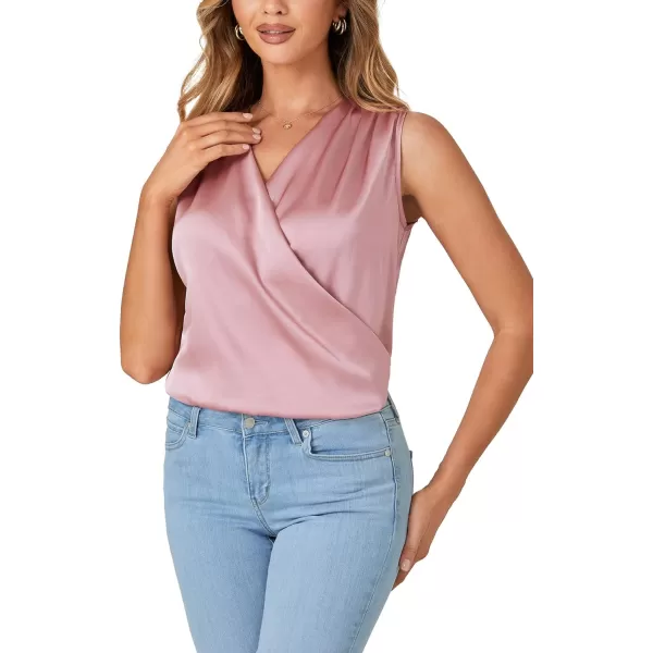 LYANER Women's Satin Wrap V Neck Ruched Sleeveless Tank Blouse Top