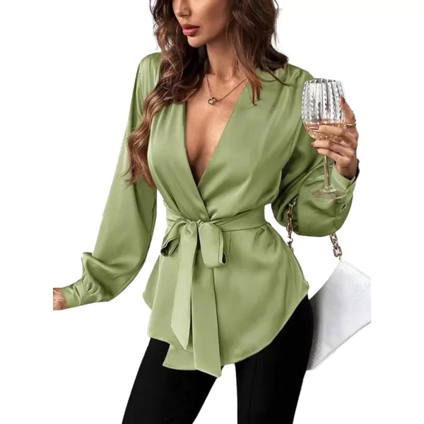 LYANER Women's Satin Wrap V Neck Tie Waist Long Sleeve Cardigan Blouse Top Shirt