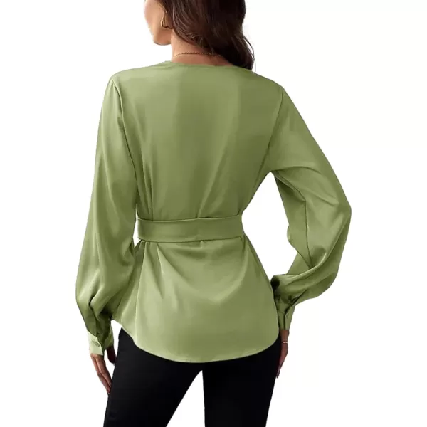LYANER Women's Satin Wrap V Neck Tie Waist Long Sleeve Cardigan Blouse Top Shirt