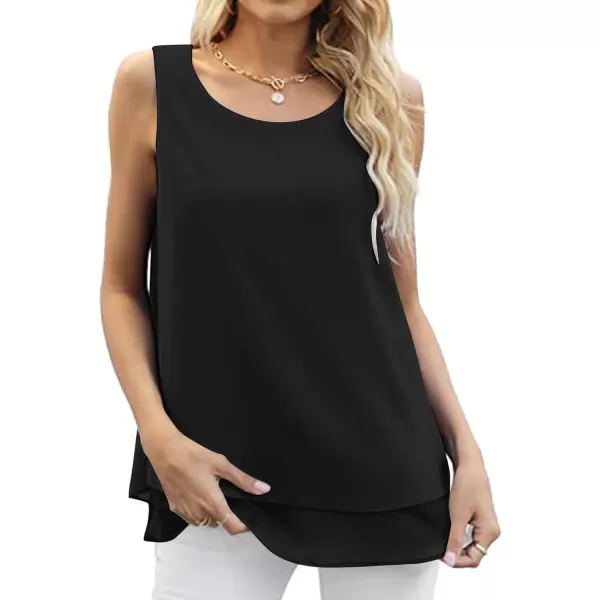 LYANER Women's Scoop Neck Sleeveless Chiffon Double Layers Solid Cami Tank Tunic Top