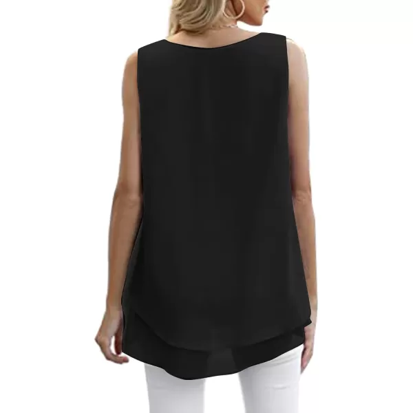 LYANER Women's Scoop Neck Sleeveless Chiffon Double Layers Solid Cami Tank Tunic Top